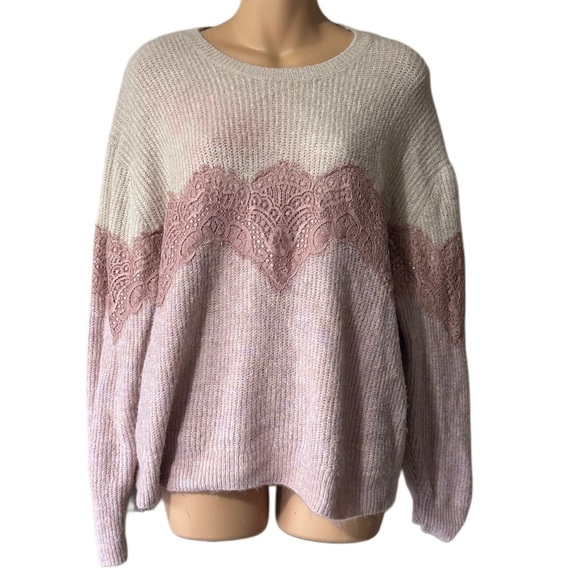 Express Pink and Cream Lace Accent Multicolor Oversized Stretchy Soft Sweater - Picture 1 of 7